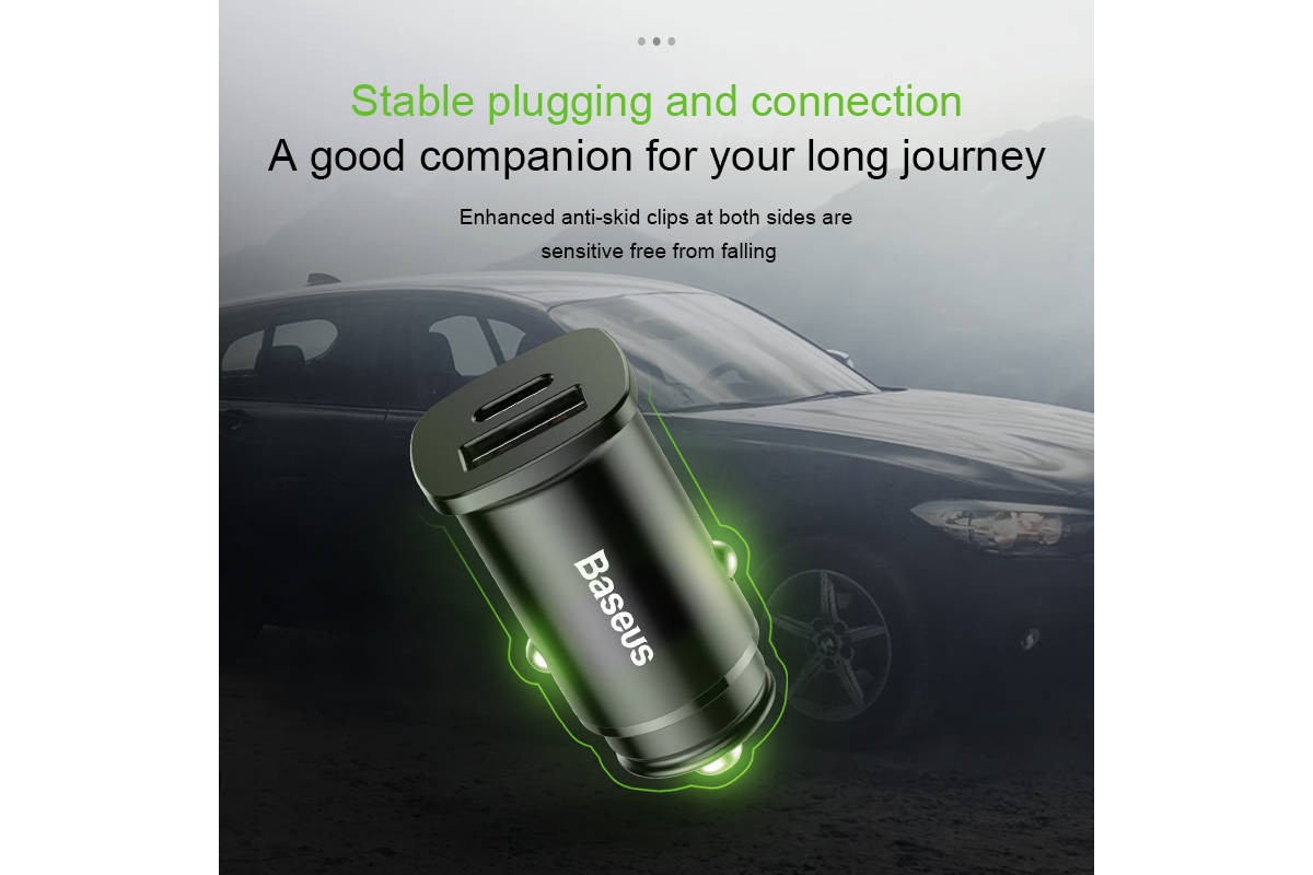 Автомобильное зарядное устройство BASEUS Square metal, USB+USB-C, 5A, 30 Вт, черный, быстрая зарядка