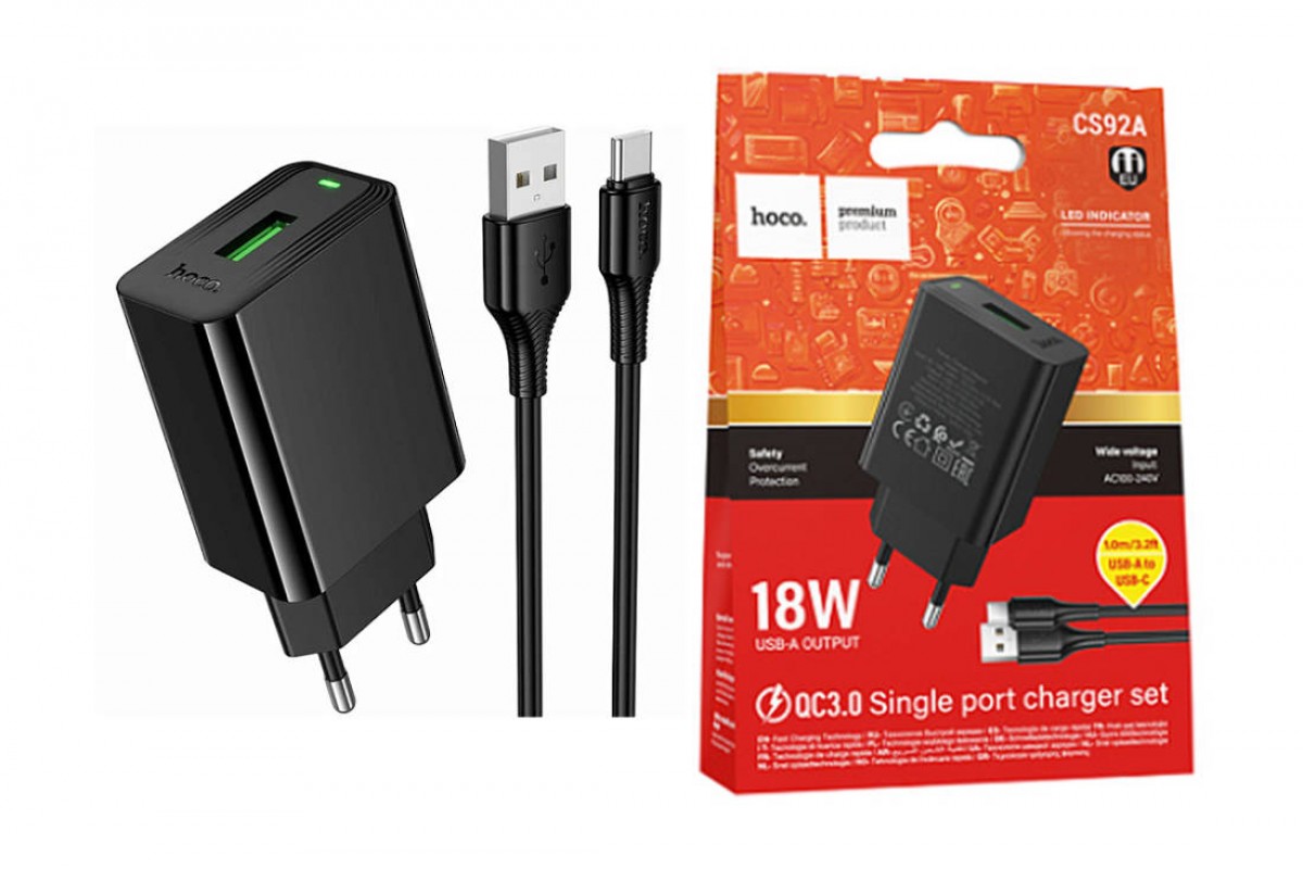Сетевое зарядное устройство USB + кабель Type-C HOCO CS92A QC3.0 18W (черный) Сетевое зарядное устройство USB + кабель Type-C HOCO CS92A QC3.0 18W (черный)