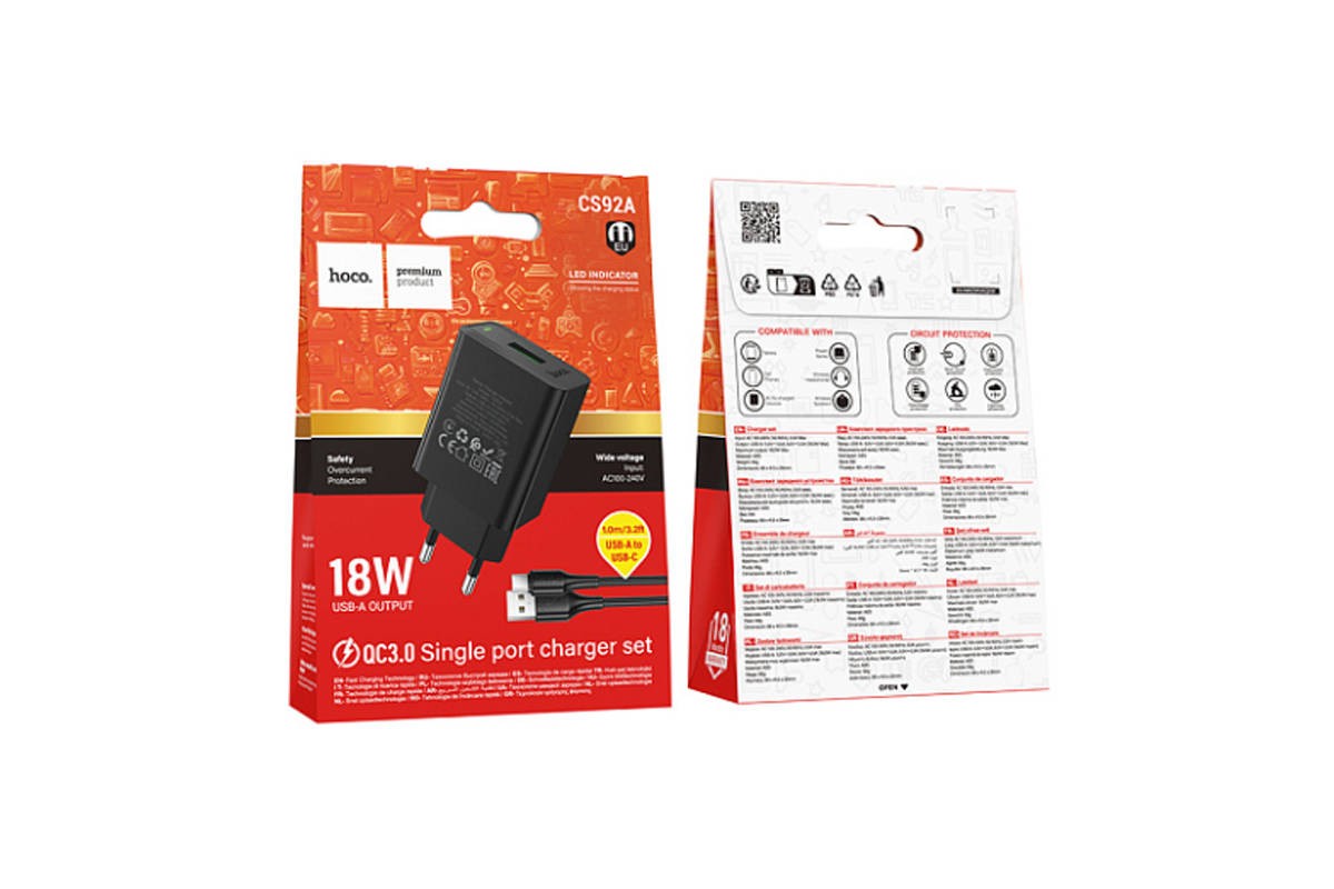 Сетевое зарядное устройство USB + кабель Type-C HOCO CS92A QC3.0 18W (черный) Сетевое зарядное устройство USB + кабель Type-C HOCO CS92A QC3.0 18W (черный)
