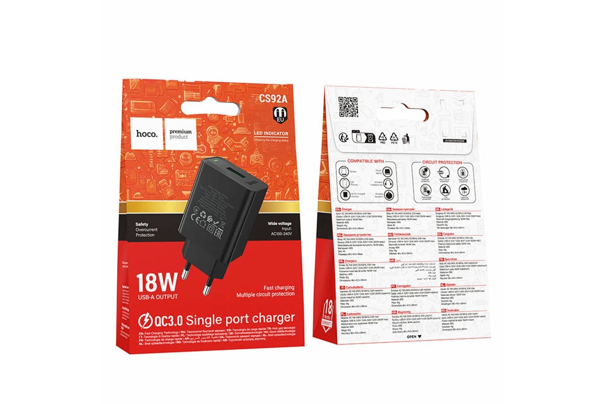 Сетевое зарядное устройство USB HOCO CS92A Leader QC 3.0 18W  (черный)