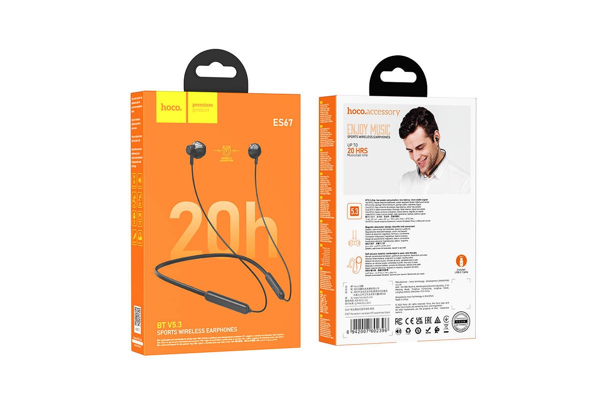 Наушники вакуумные беспроводные HOCO ES67 Perception sports BT earphones headset Bluetooth (черный)