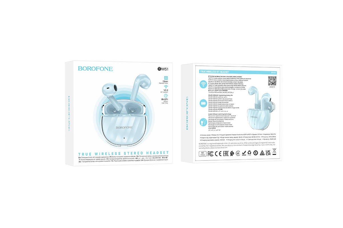 Наушники вакуумные беспроводные BOROFONE BW51 Solid  true wireless BT headset Bluetooth (ice blue)