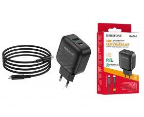 Сетевое зарядное устройство USB + USB-C + кабель Lightning - Type-C BOROFONE BA46A Speed charger PD+QC3.0 (черный)