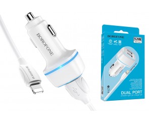 Автомобильное зарядное устройство АЗУ 2USB + кабель Lightning BOROFONE BZ14 Max 2400 mAh (белый)