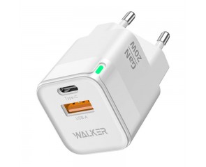 Сетевое зарядное устройство USB + USB-C WALKER WH-42 GaN, 3А, 20Вт, быстрая зарядка QC 3.0+PD, белое
