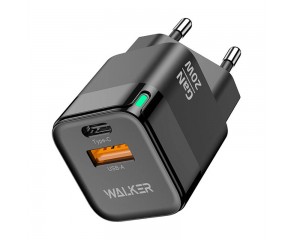 Сетевое зарядное устройство USB + USB-C WALKER WH-42 GaN, 3А, 20Вт, быстрая зарядка QC 3.0+PD, черное