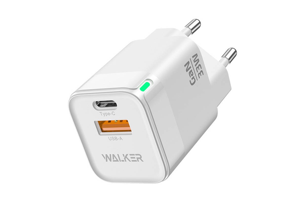 Сетевое зарядное устройство USB + USB-C WALKER WH-43 GaN, 3А, 33Вт, быстрая зарядка QC 3.0+PD, белое