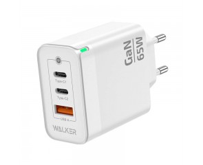 Сетевое зарядное устройство USB + 2 USB-C  WALKER WH-45 GaN, 3.25А, 65Вт, быстрая зарядка QC 3.0+PD, белое