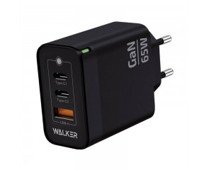 Сетевое зарядное устройство USB + 2 USB-C WALKER WH-45 GaN, 3.25А, 65Вт, быстрая зарядка QC 3.0+PD, черное