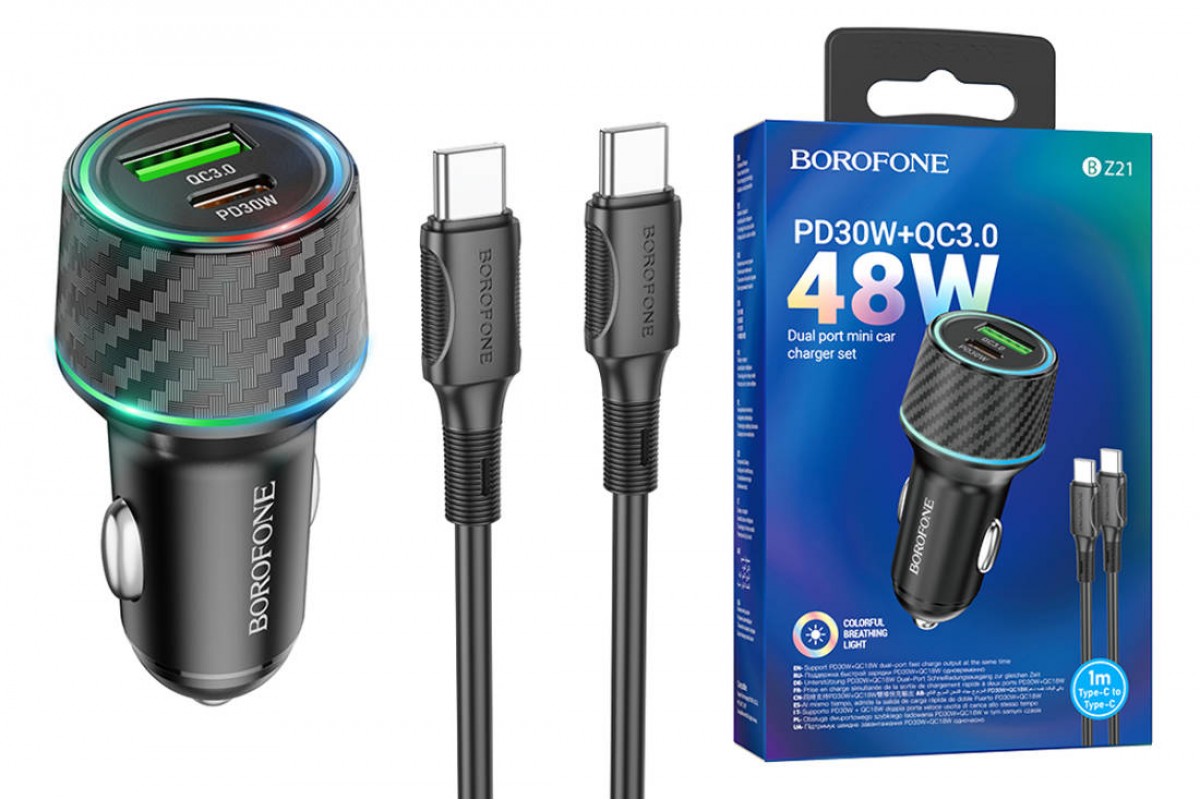 Автомобильное зарядное устройство АЗУ USB + Type-C + кабель Type-C - Type-C Borofone BZ21 PD30W + QC3.0 (черный)