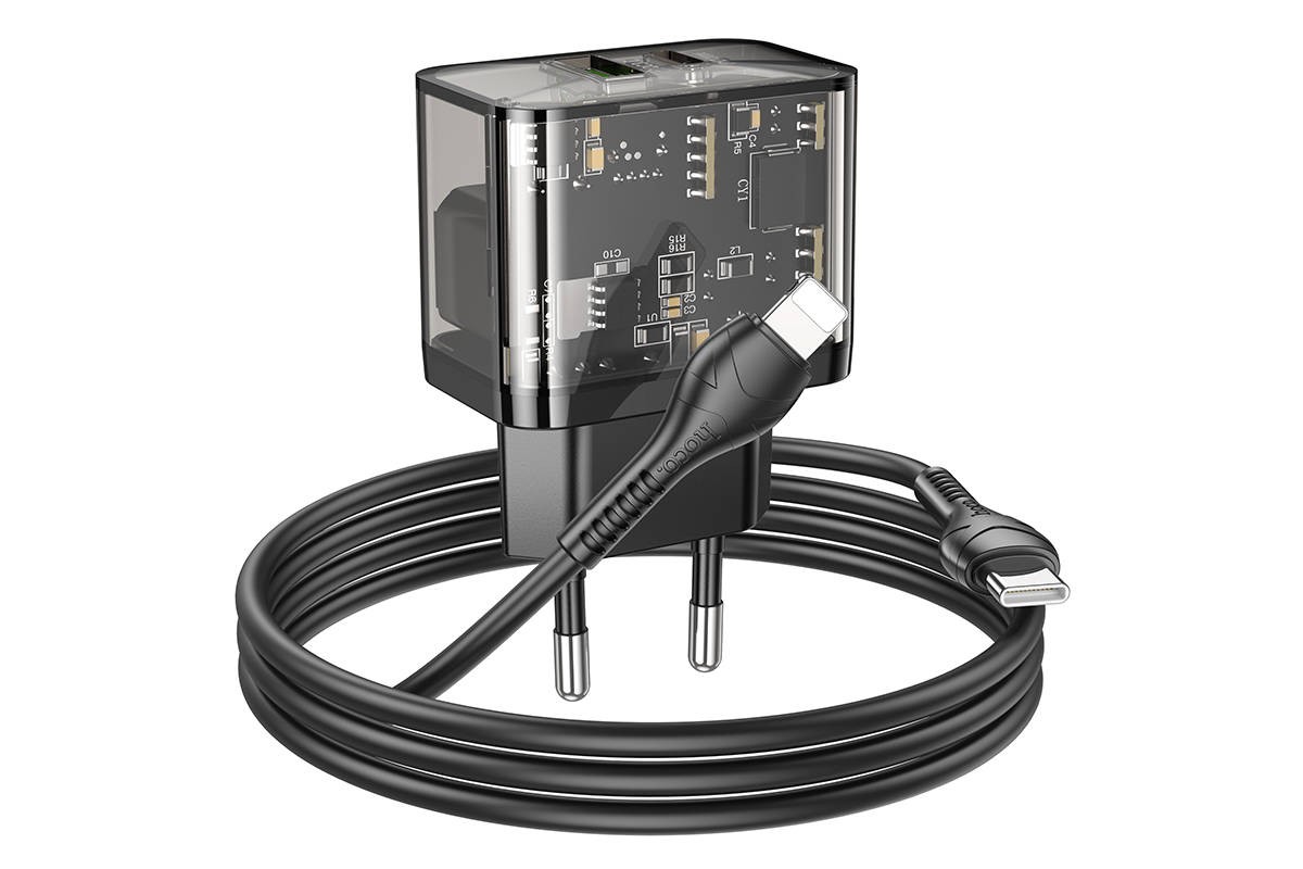 Сетевое зарядное устройство USB + USB-C + кабель Lightning-Type-C HOCO N34 Dazzling PD20W+ QC 3.0 (прозрачно-черный)