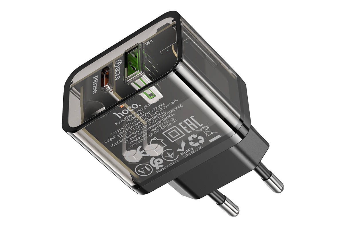 Сетевое зарядное устройство USB + USB-C HOCO N34 PD20W+ QC3.0 (прозрачно-черный)