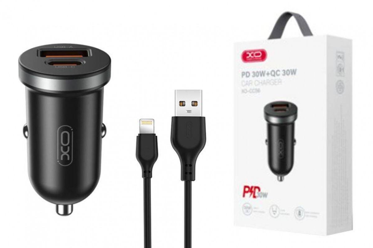 Автомобильное зарядное устройство АЗУ USB + кабель Lightning XO CC56 A+C single port 30W/simultaneous 5V3A (NB103) (черный)