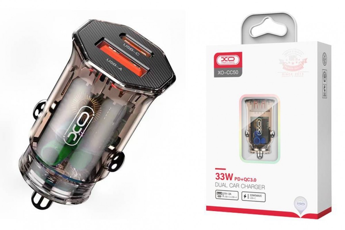 Автомобильное зарядное устройство АЗУ USB + Type-C XO CC50 transparent design PD20W+QC3.0 18W быстрая зарядка (Коричневый)