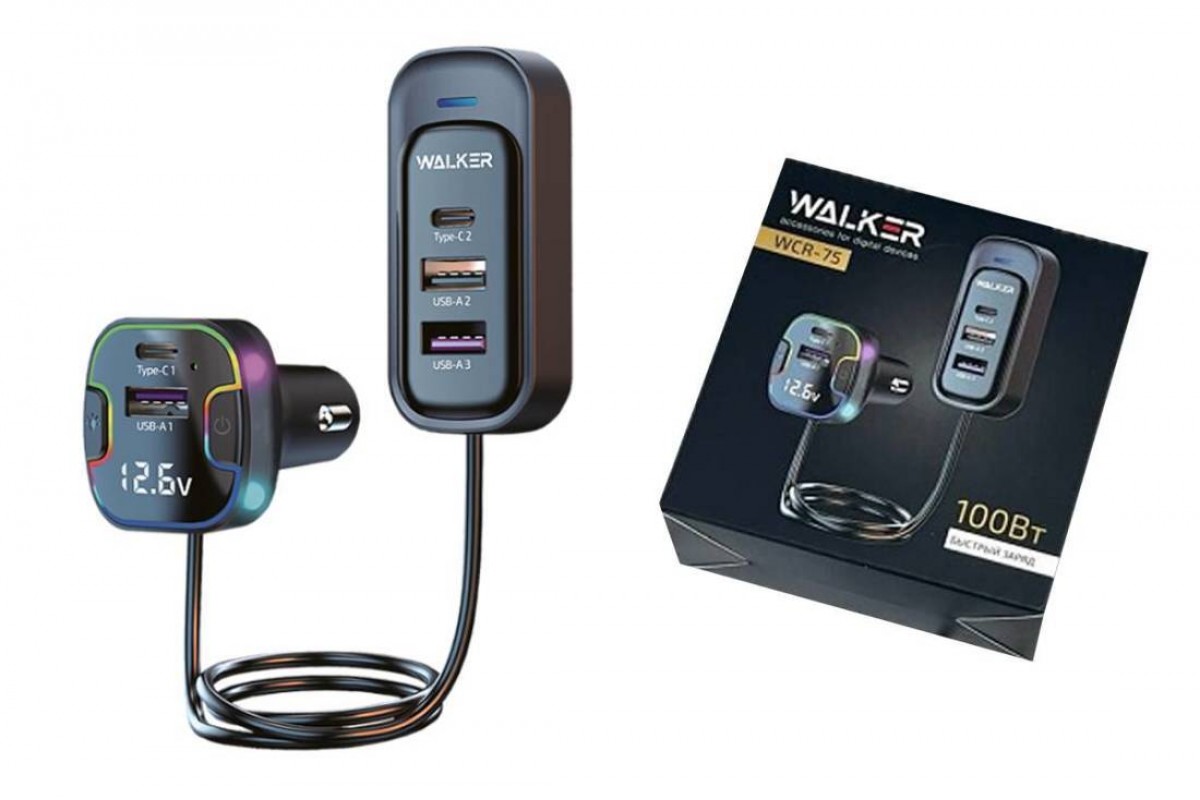 Автомобильное зарядное устройство WALKER WCR-75,100Вт, с удлинителем 1.5м, Type-Cx2, USBx3 , поддержка QC+PD, черное