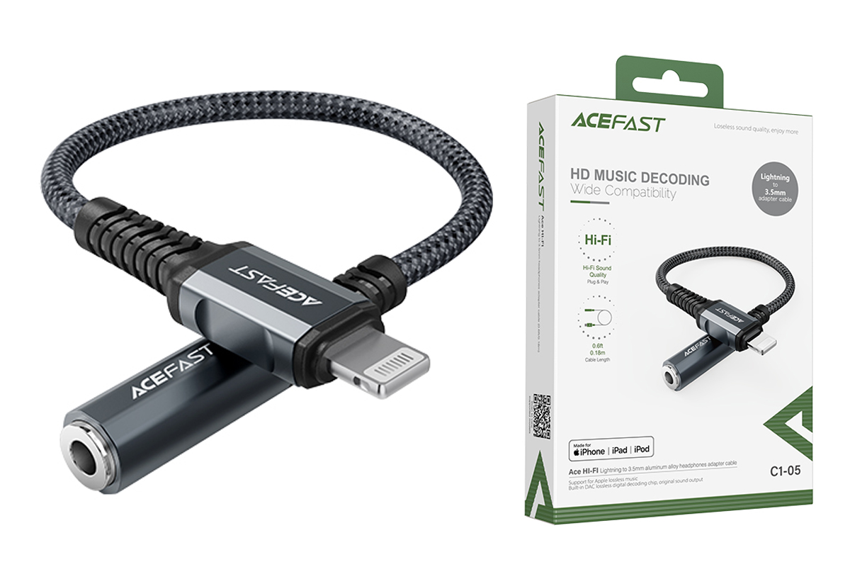 Переходник кабель ACEFAST C1-05 серый (AUX (вход) -  Lightning) 0.18 м