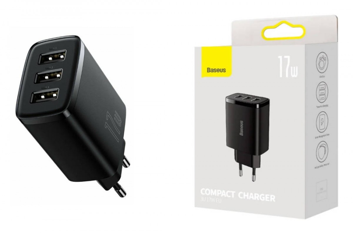 Сетевое зарядное устройство BASEUS Compact Charger 3U 3*USB, 3.4A, 17W, черный