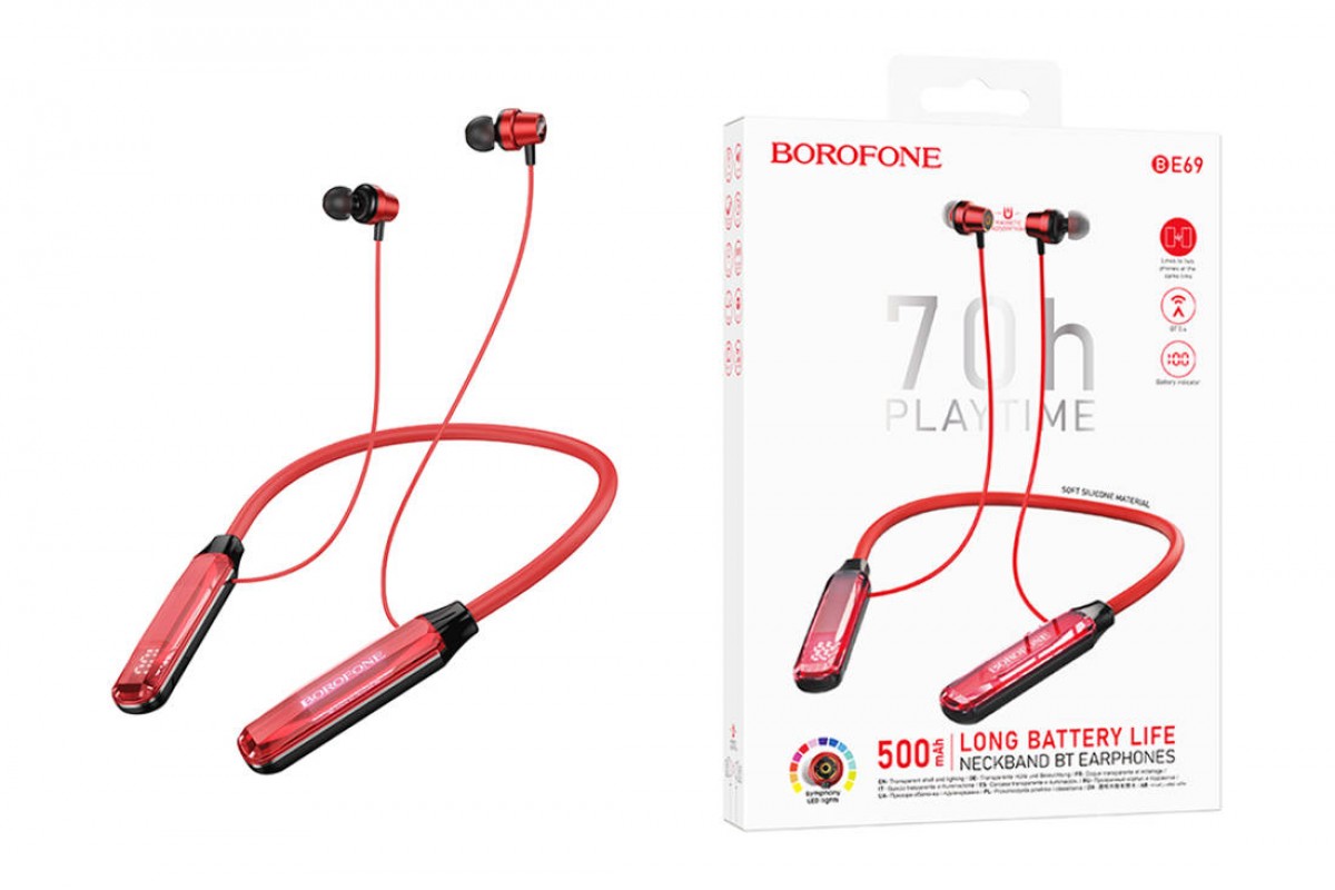 Наушники вакуумные беспроводные BOROFONE BE69 Crystal flash neck-mounted (красный кристалл)