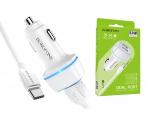 Автомобильное зарядное устройство АЗУ 2USB + кабель Type-C BOROFONE BZ14 Max 2400 mAh (белый)