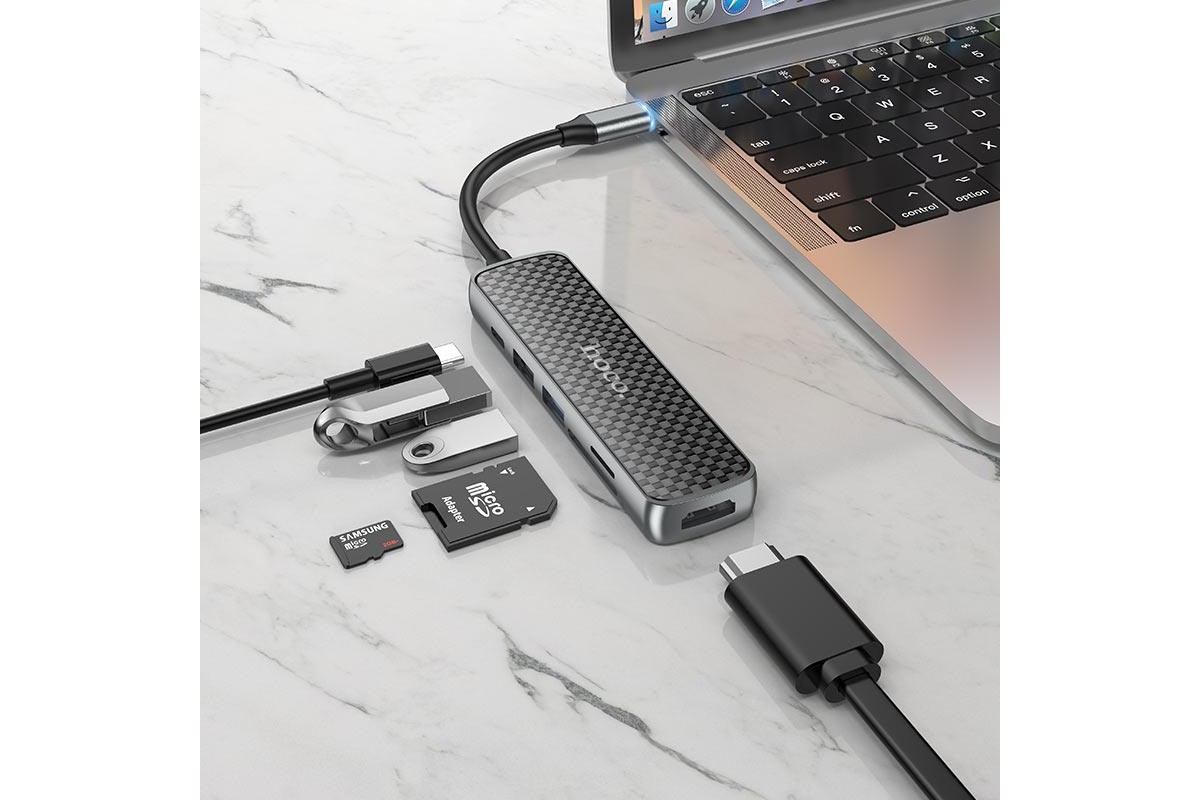 Адаптер HOCO HB24 Type-C (M) --> HDMI (F) + USB3.0 (F) + USB2.0 (F) + SD (F) + TF (F) + PD (F)