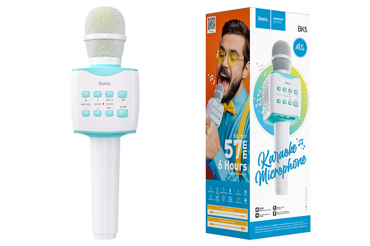 Портативная беспроводная акустика караоке HOCO BK5 Cantando microphone цвет бело-синий