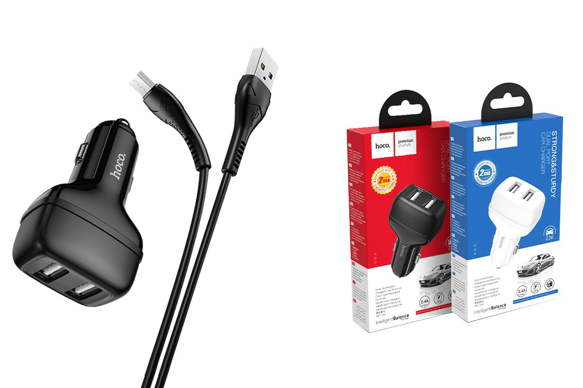 Автомобильное зарядное устройство 2USB 2400mAh HOCO Z36 Leader dual port + кабель micro USB черный
