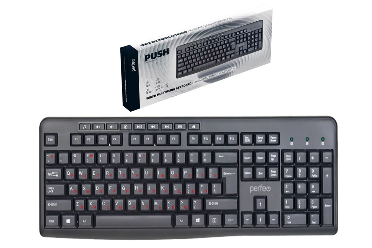 Клавиатура проводная Perfeo "PUSH" стандартная, USB, чёрный PF_A4796