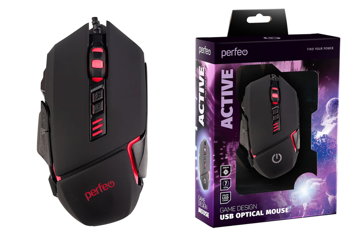 Мышь игровая проводная Perfeo "ACTIVE", 7 кн, USB, чёрн, 4 цв. подсветка, 1000-6400 DPI PF_B4889