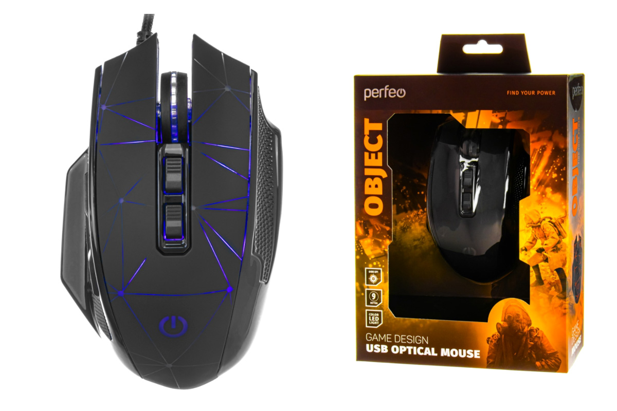 Мышь игровая проводная Perfeo "OBJECT", 9 кн, USB, чёрн, 4 цв. подсветка, 1000-6400 DPI PF_B4890