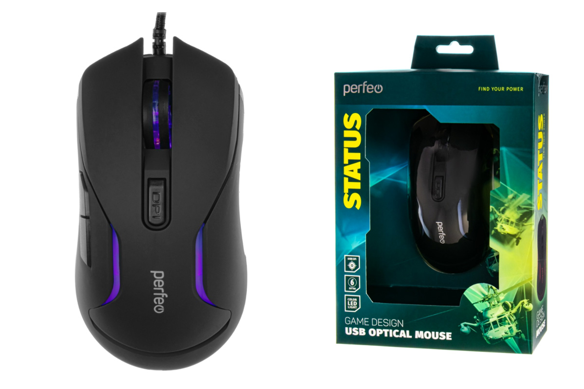 Мышь игровая проводная Perfeo "STATUS", 6 кн, USB, чёрн, 4 цв. подсветка, 1000-6400 DPI PF_B4884