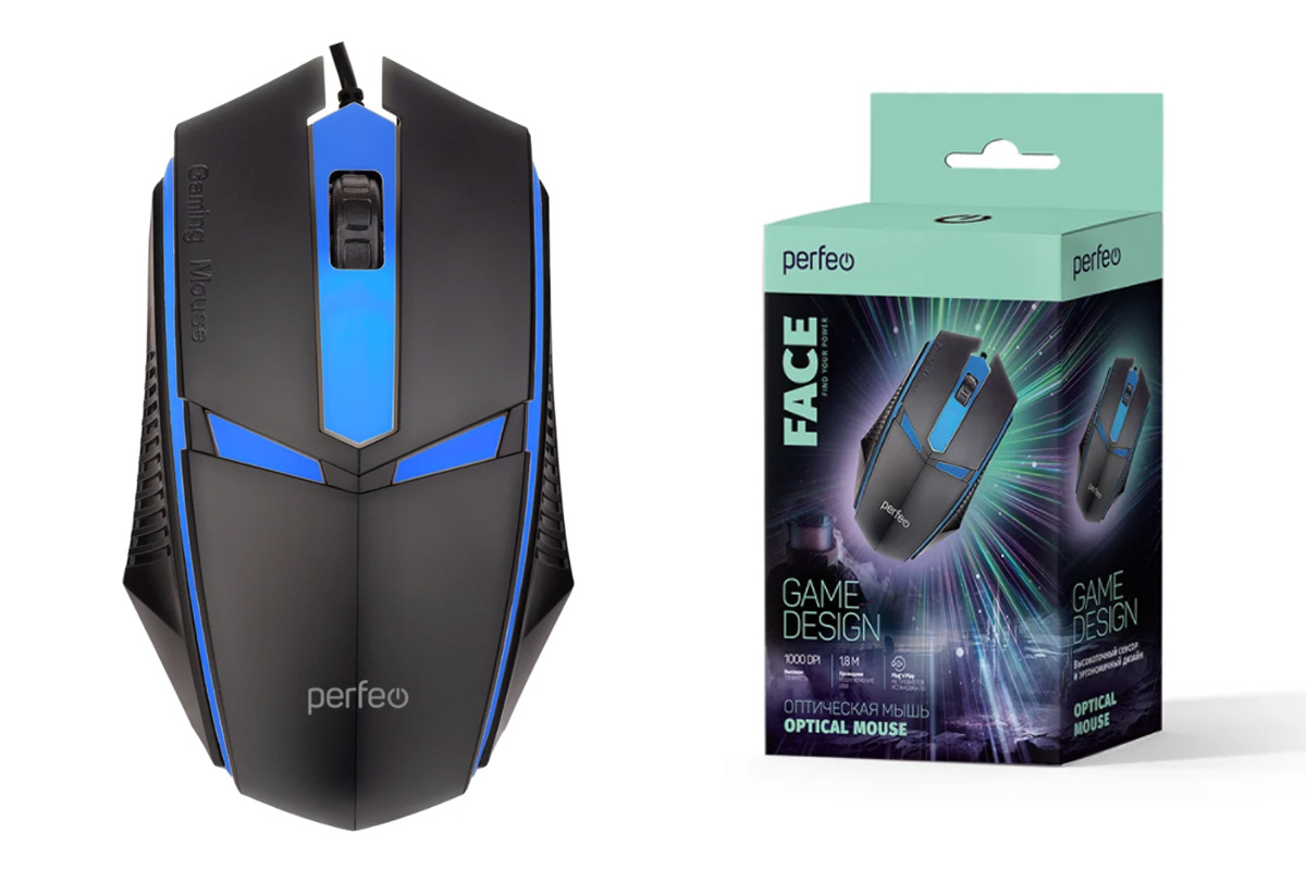 Мышь игровая проводная Perfeo "FACE", 3 кн, USB, чёрн, 7 цв. подсветка, 1000 DPI PF_A4797