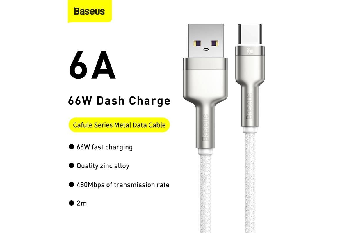 Кабель USB - USB Type-C BASEUS Cafule Series Metal 6A, 66W, 2 м, белый Кабель USB - USB Type-C BASEUS Cafule Series Metal 6A, 66W, 2 м, белый
