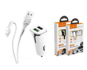 Автомобильное зарядное устройство АЗУ 2USB + кабель Lightning HOCO Z31 + QC3.0 (белый)