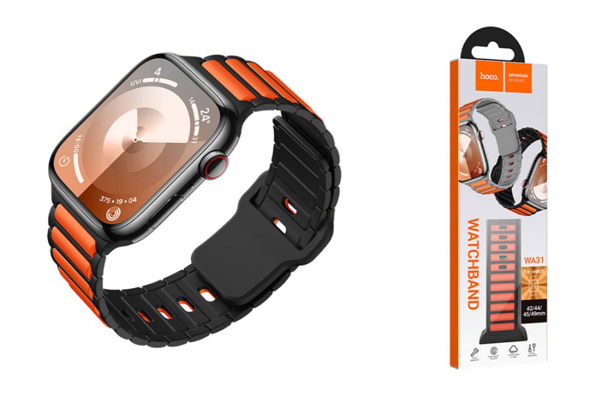 Ремешок для Apple Watch HOCO WA31 Flexible series two-color silicone strap (42/44/45/49 мм) черно-белый с оранжевым
