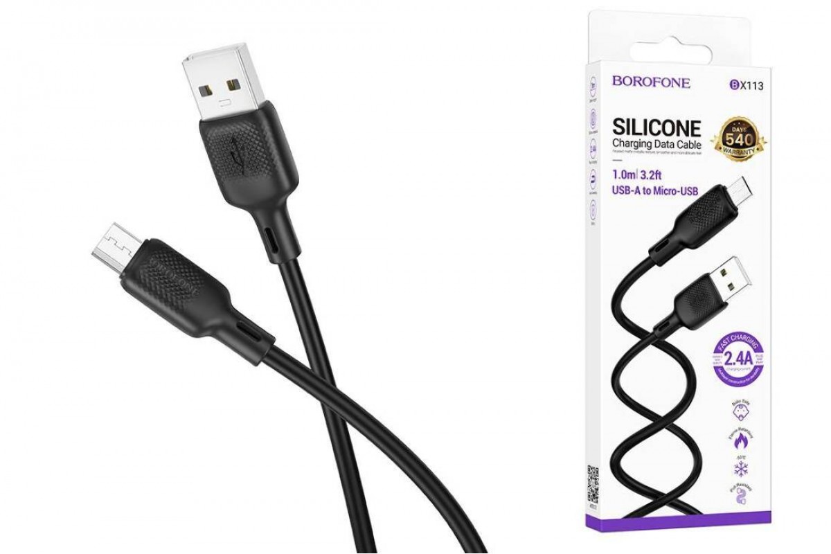 Кабель USB - MicroUSB BOROFONE BX113 2,4A (черный) 1м силиконовый