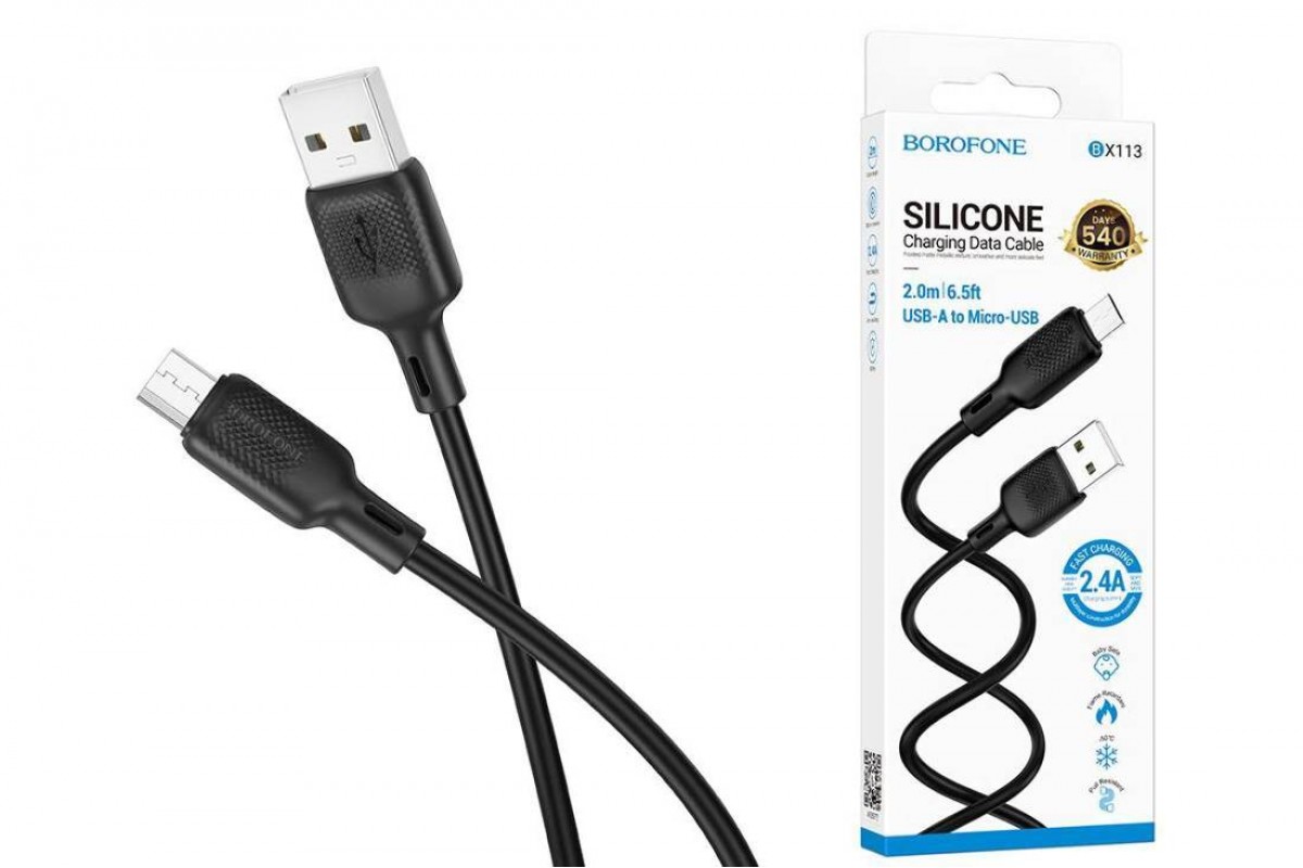Кабель USB - MicroUSB BOROFONE BX113 2,4A (черный) 2м силиконовый