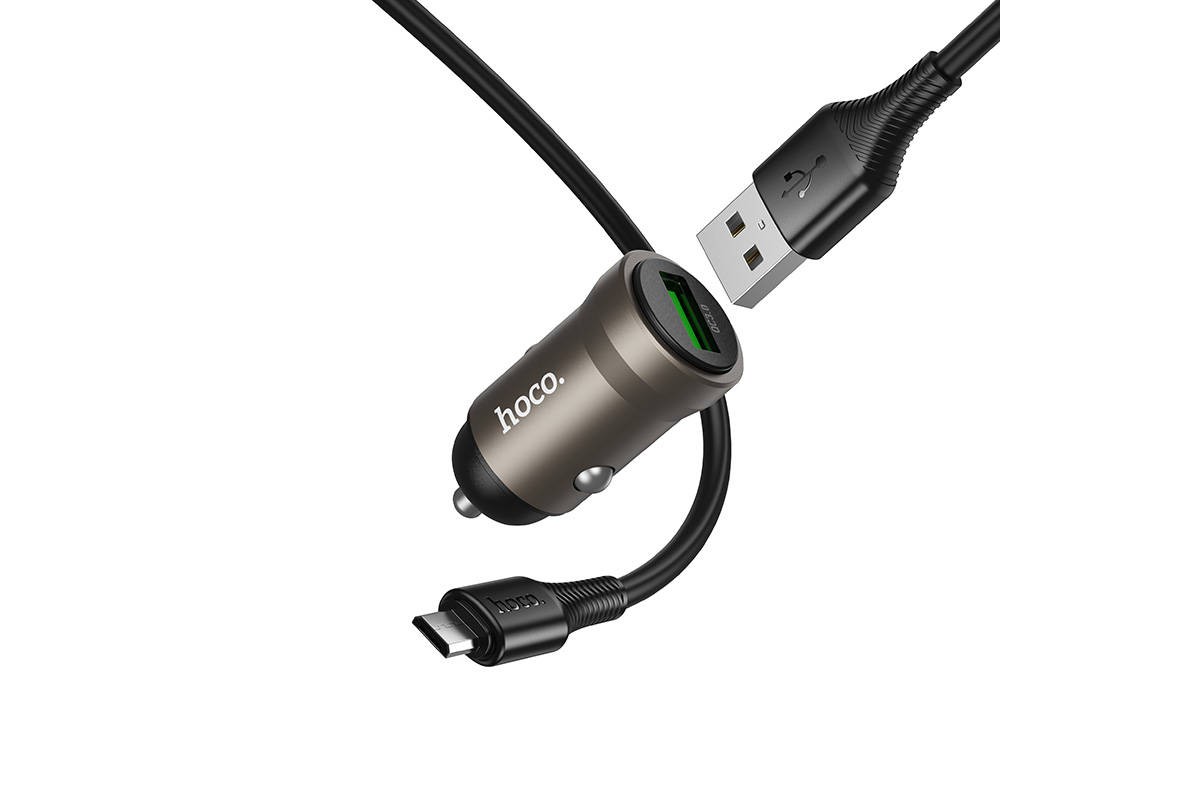 Автомобильное зарядное устройство АЗУ USB-A + кабель Mciro USB - USB HOCO Z62 Energy single-port QC3.0 (металлический серый)