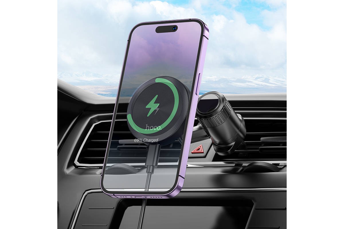 Держатель автомобильный для телефона HOCO HW6 Vision metal magnetic wireless fast charging car holder (в воздуховод) черно-серый