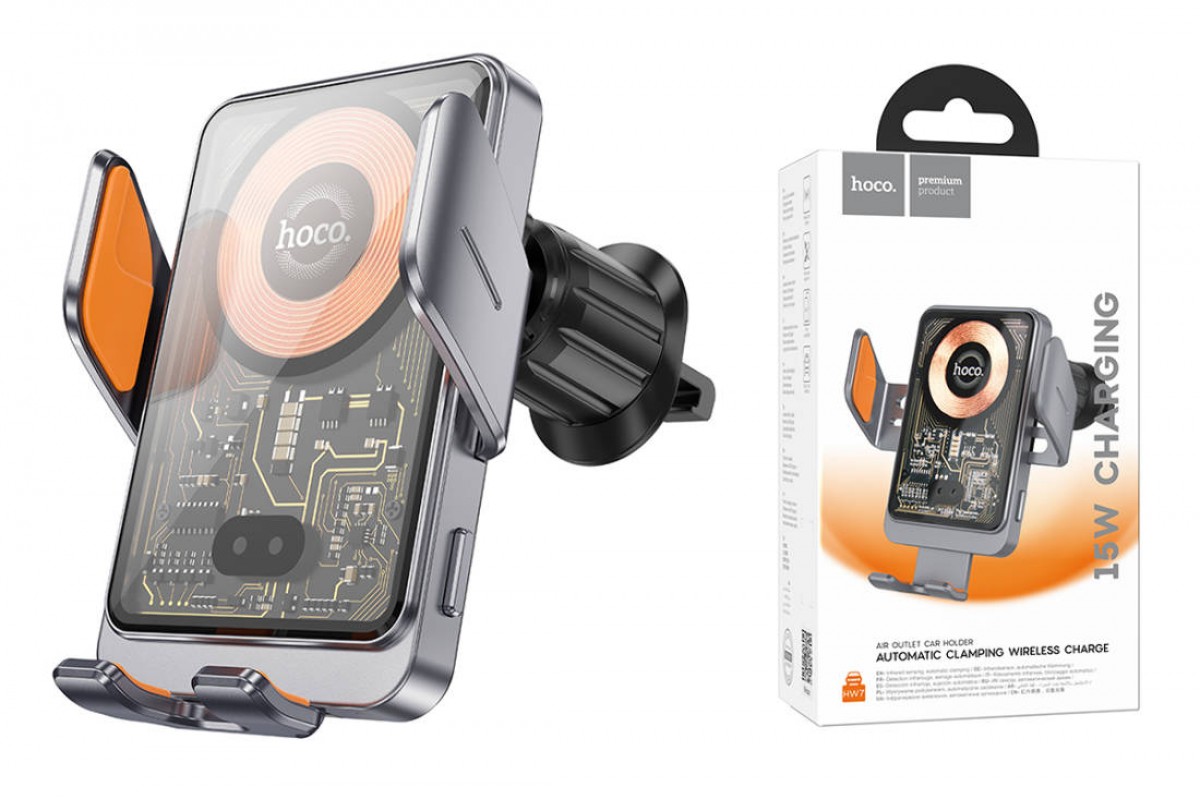 Держатель автомобильный для телефона HOCO HW7 Transperend discovery edition wireless fast charging car holder ( на консоль) серый
