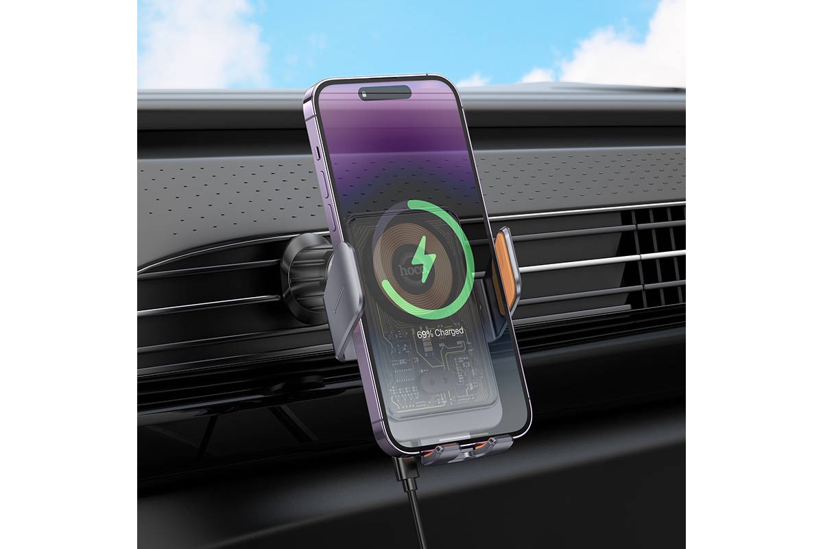 Держатель автомобильный для телефона HOCO HW7 Transperend discovery edition wireless fast charging car holder ( на консоль) серый