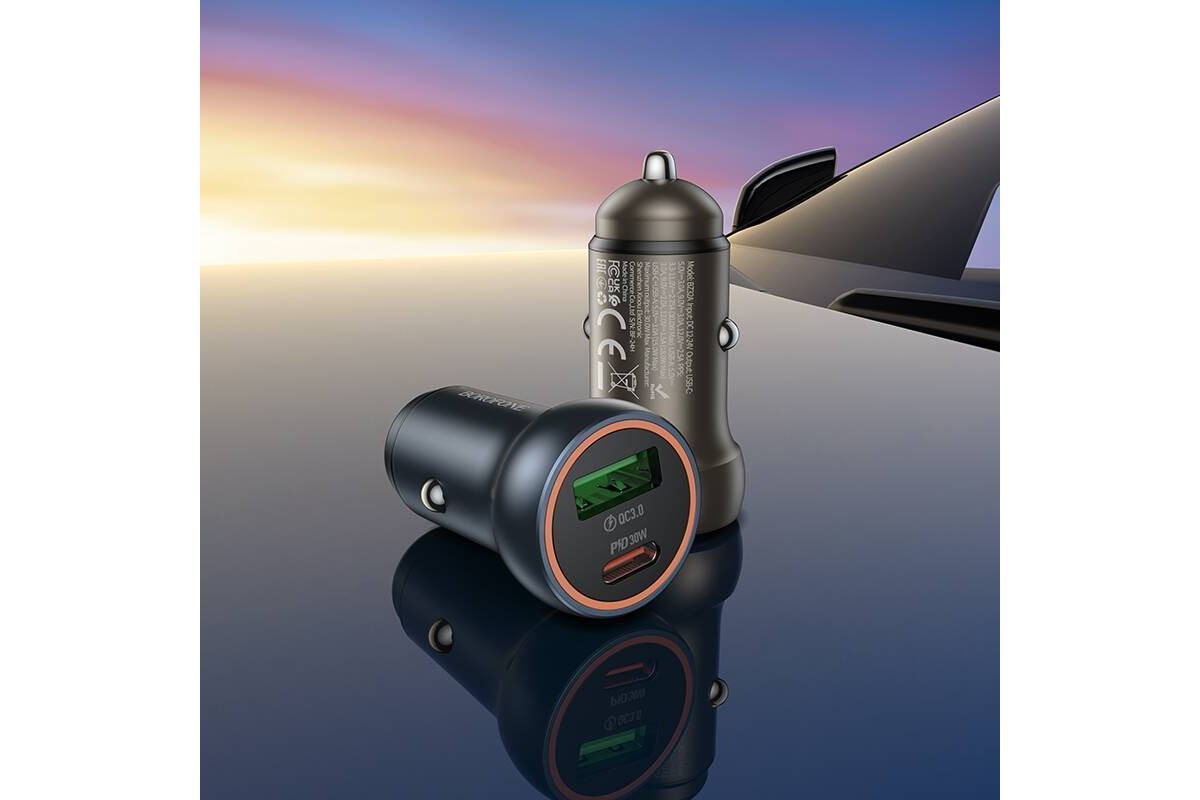 Автомобильное зарядное устройство АЗУ USB + USB-C BOROFONE BZ32A Fresh PD30W+QC3.0 (металлический серый)