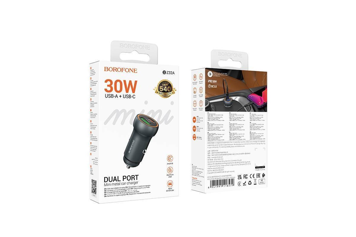 Автомобильное зарядное устройство АЗУ USB + USB-C BOROFONE BZ32A Fresh PD30W+QC3.0 (металлический серый)