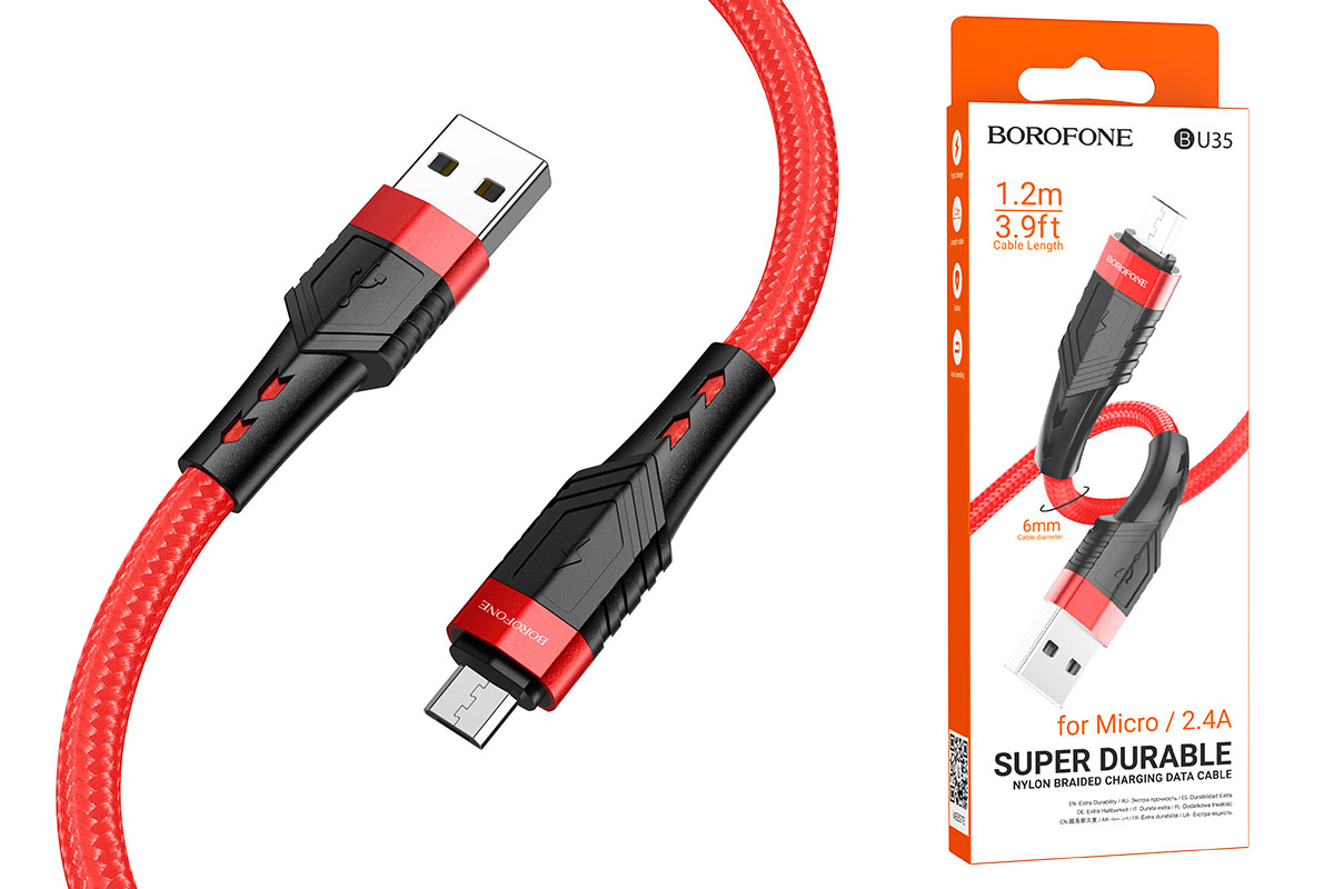 Кабель USB - MicroUSB BOROFONE BU35 Influence 2,4A красный1,2м