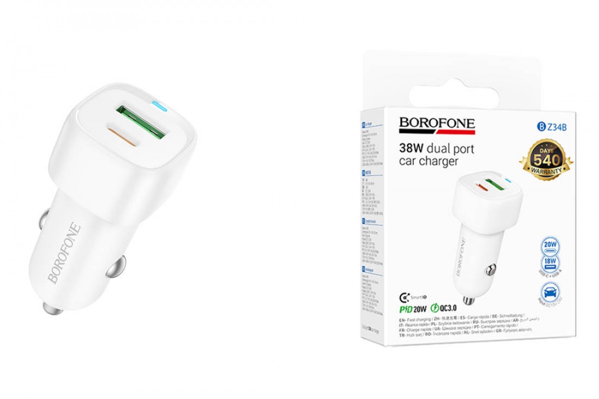 Автомобильное зарядное устройство АЗУ USB + Type-C BOROFONE BZ34B Cloud PD38W  (белый)
