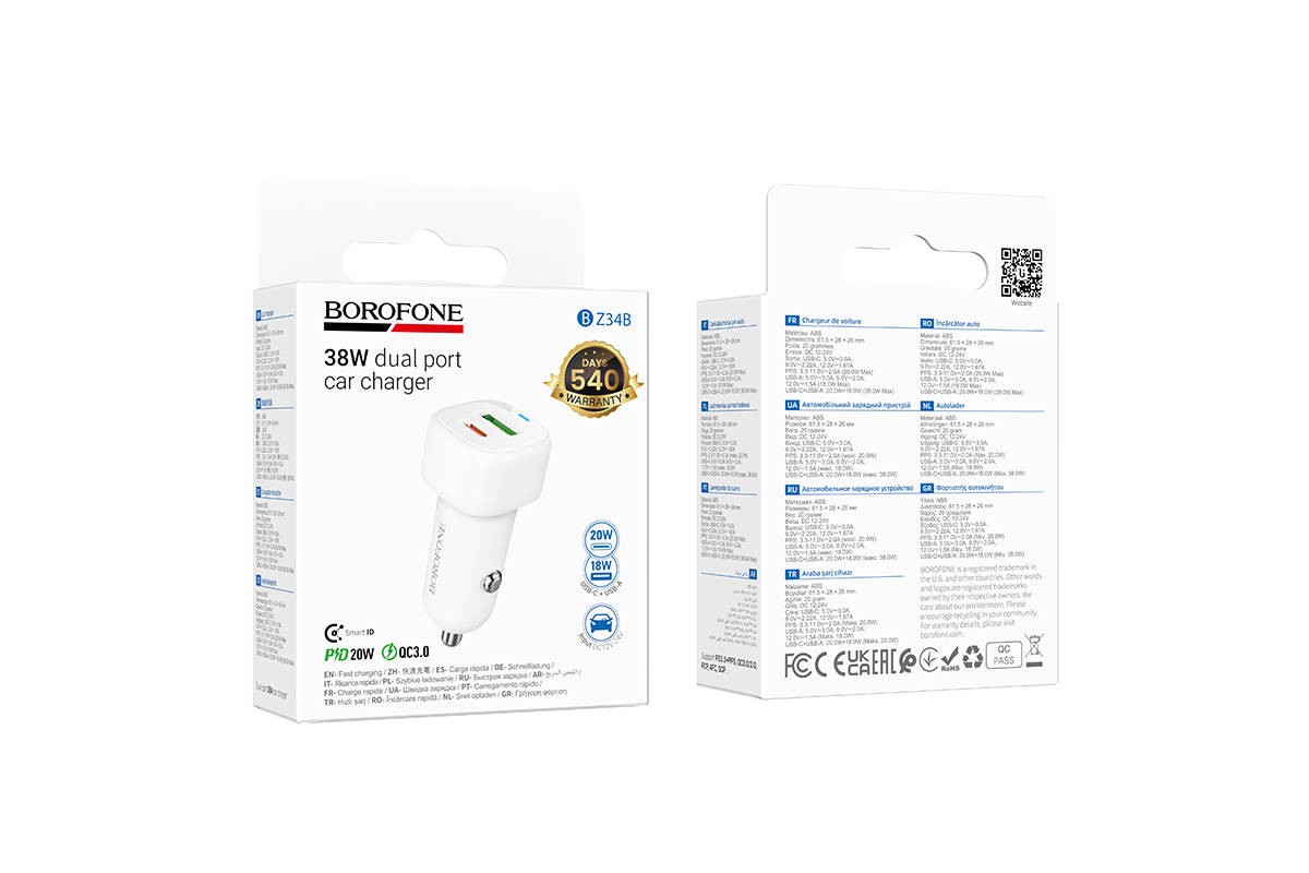 Автомобильное зарядное устройство АЗУ USB + Type-C BOROFONE BZ34B Cloud PD38W  (белый)