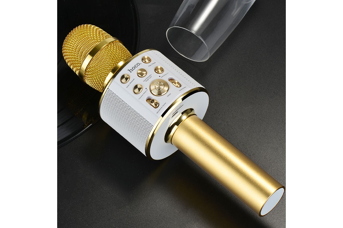 Портативная беспроводная акустика караоке HOCO BK Cool sound KTV microphone цвет золотистый