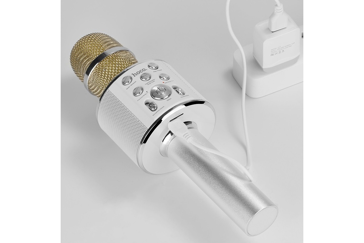 Портативная беспроводная акустика караоке HOCO BK Cool sound KTV microphone цвет серебро