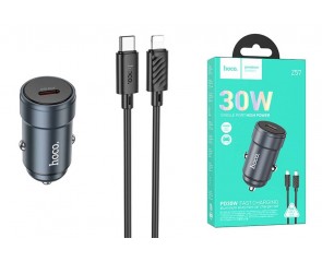 Автомобильное зарядное устройство АЗУ USB-C + кабель Lightning HOCO Z57 PD30W (серый)