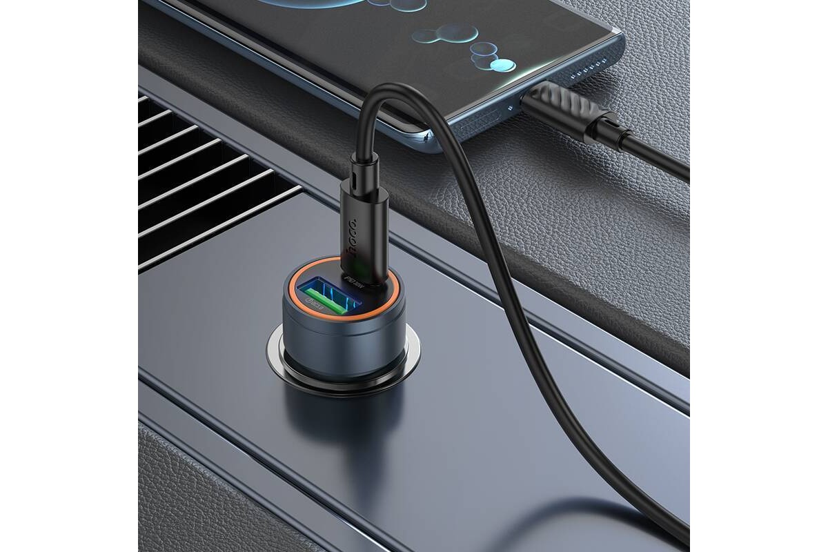 Автомобильное зарядное устройство АЗУ USB + Type-C + кабель Type-C HOCO Z57A Glorious PD30W+QC3.0 (серый)
