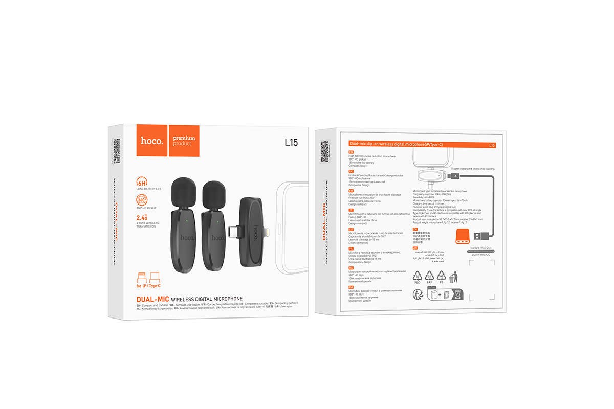 Микрофон беспроводной HOCO L15 цифровой (iP/Type-C) (черный)